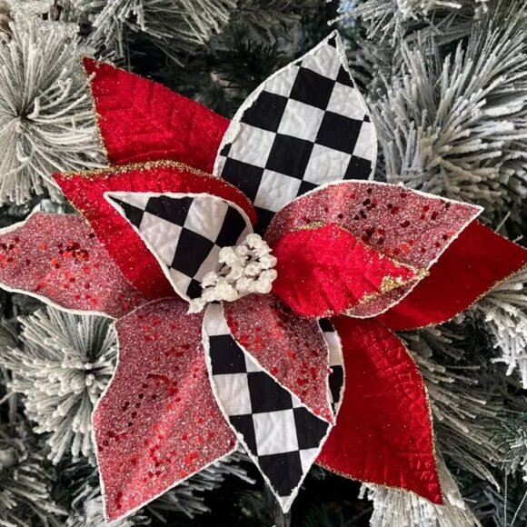 Velvet with Check Christmas Poinsettia Flower Stem Pick Holiday Craft Supplies - Picture 3 of 4